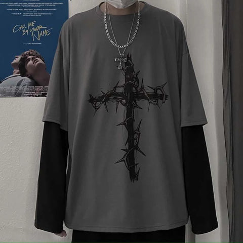 Mall Goth Thorn Cross Layered T-Shirt
