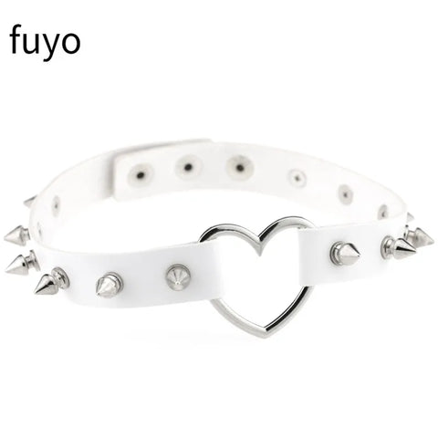 Pastel Goth White Faux Leather Spike & Chain Choker Necklace