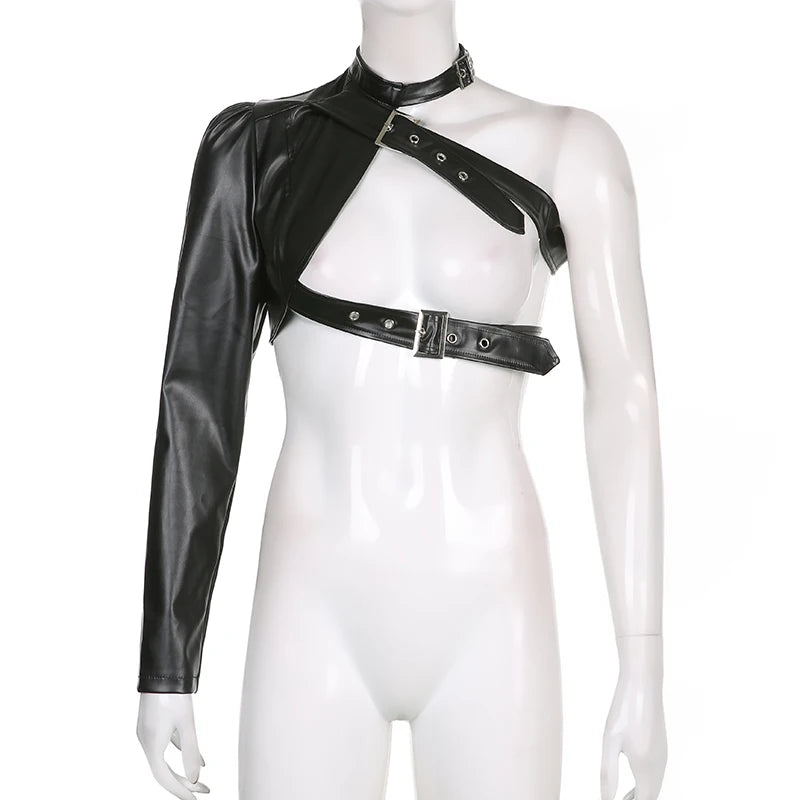Goth Asymmetric One-Sleeve Buckle Harness Top