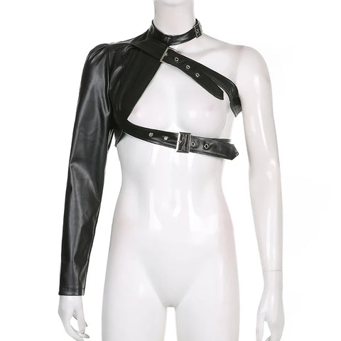 Goth Asymmetric One-Sleeve Buckle Harness Top