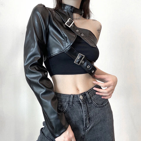 Goth Asymmetric One-Sleeve Buckle Harness Top