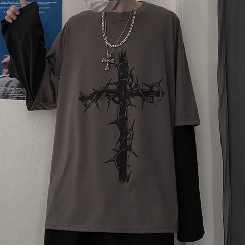 Mall Goth Thorn Cross Layered T-Shirt