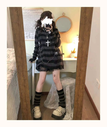 Pastel Goth Candy Stripe Distressed Knit Sweater