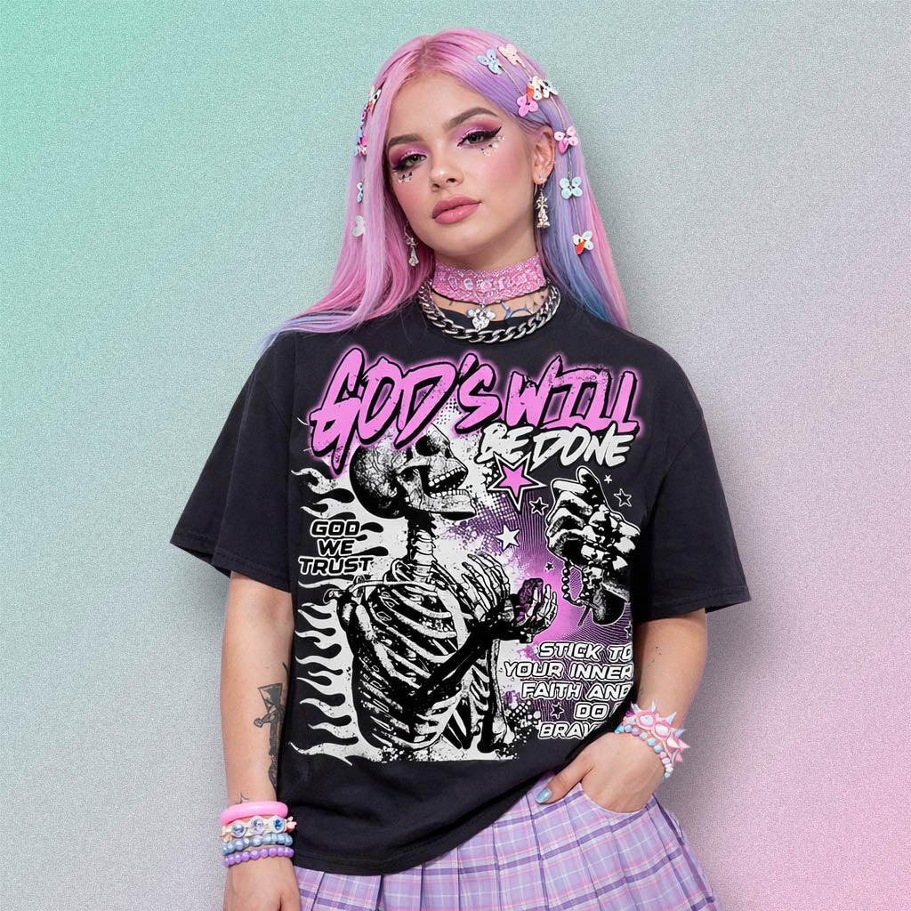 Pastel Goth T-shirt with black skeleton graphic
