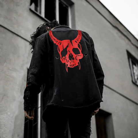 Goth Horned Skull Distressed Denim Coat