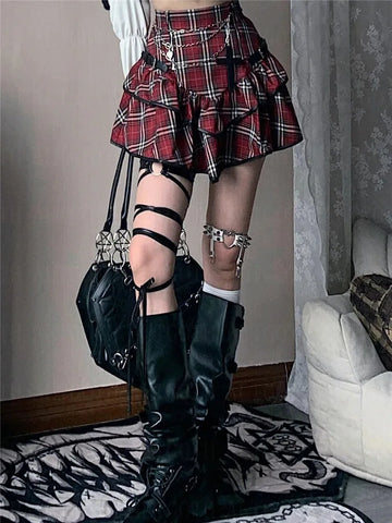 Pastel Goth Crimson Tartan Ruffle Mini Skirt