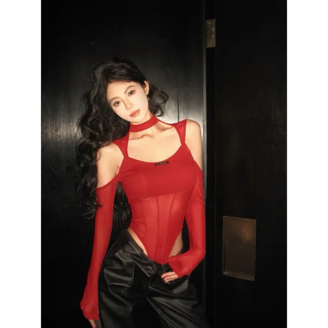 Cyber Goth Crimson Cut-Out Mesh Bodysuit
