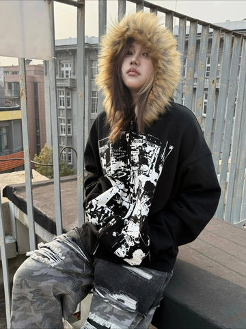 Mall Goth Dual Blade Cross Fur Trim Zip Top