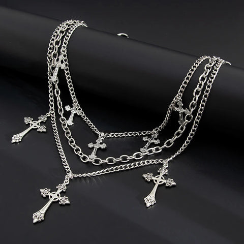 Mall Goth Triple Cross Chain Pants — Layered Silver Altar