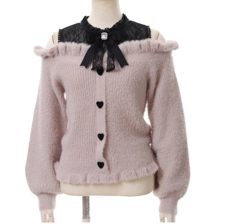 Pastel Goth Heartbreak Bloom Fuzzy Off-Shoulder Sweater