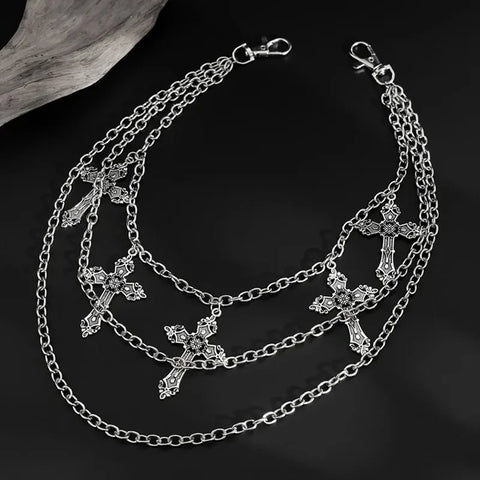 Goth Triple Layer Cross Pants Chain in Antique Silver