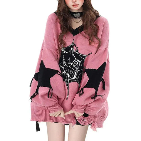 Pastel Goth Cobweb Star Distressed Knit Coat