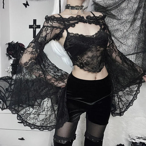 Goth Floral Lace Bell Sleeve Off-Shoulder Crop Shirt