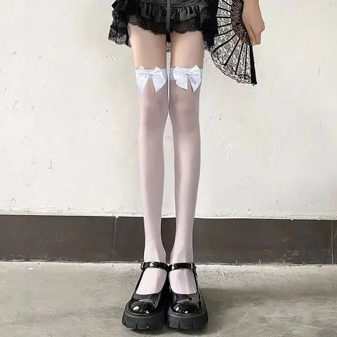 Goth Thigh-High Sheer Sock — Lace, Velvet Band & Crimson Edge