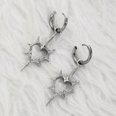 Goth Thorned Heart Drop Earring — Spiked Silver Hoop Charm