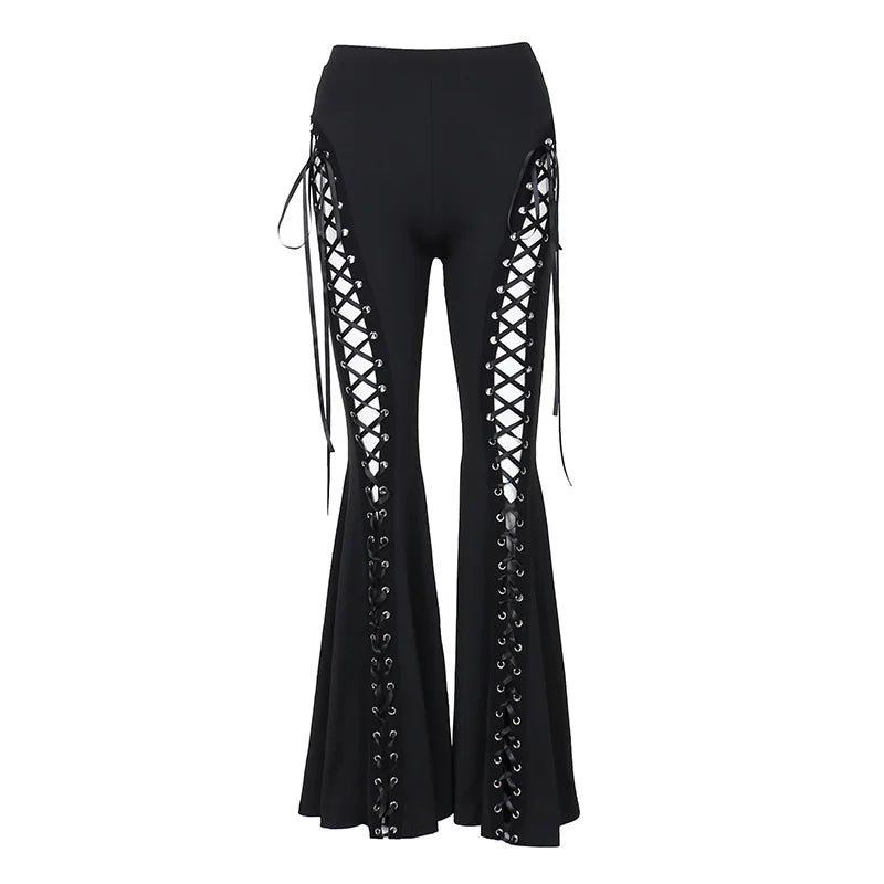 Goth Lace-Up Corset Flare Pants in Blackout