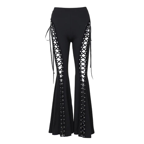 Goth Lace-Up Corset Flare Pants in Blackout