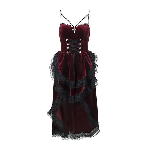 Victorian Goth Crimson Velvet Lace-Up Mini Dress