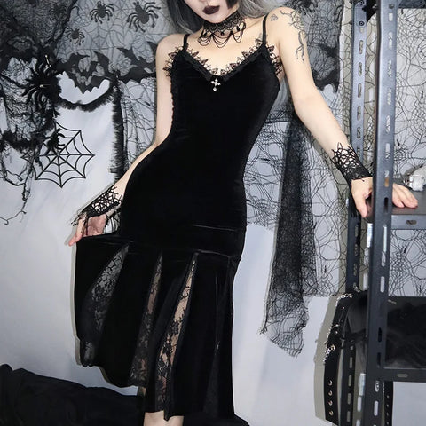 Goth Velvet Lace Mermaid Slip Dress