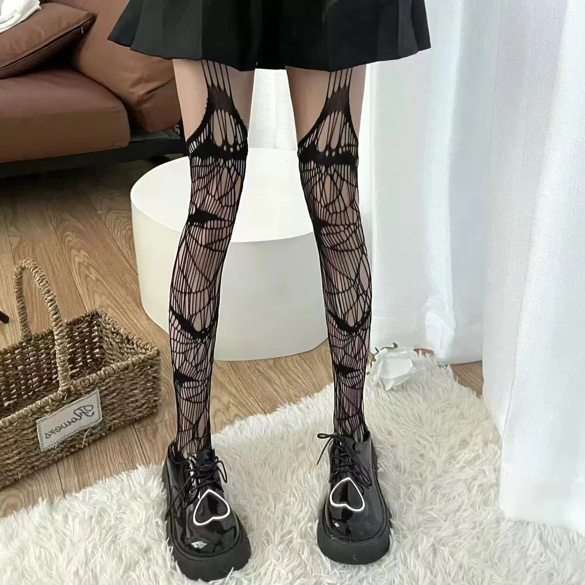 Goth Cobweb & Bat Thigh-High Mesh Stockings