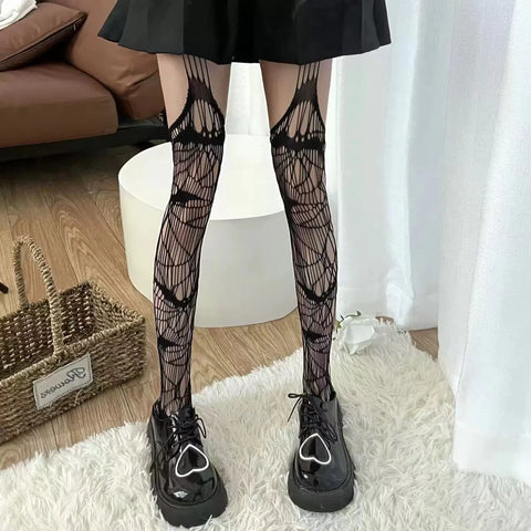 Goth Cobweb & Bat Thigh-High Mesh Stockings