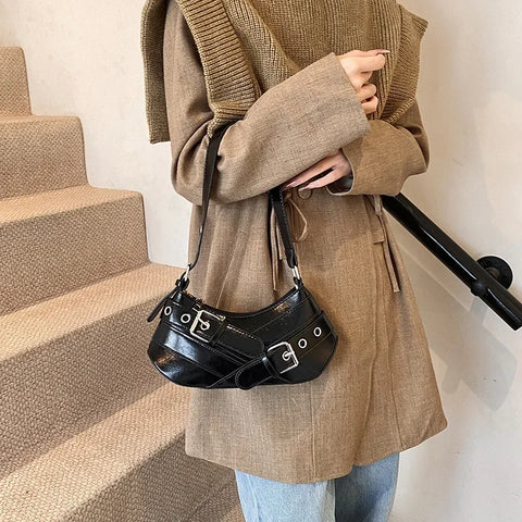 Goth Buckle Strap Baguette Bag in Glossy Black