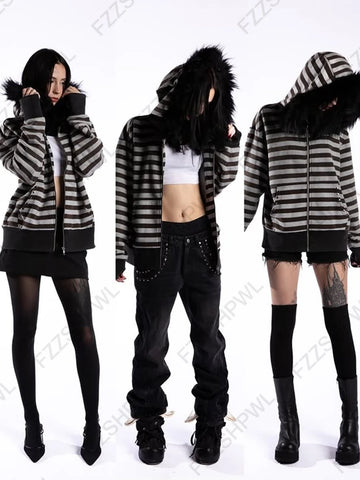 Goth Faux Fur Hood Striped Zip-Up Tshirt