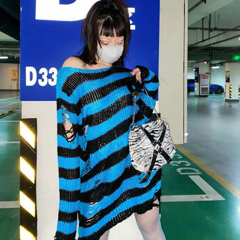 Goth Blue & Black Striped Hollow-Knit Top