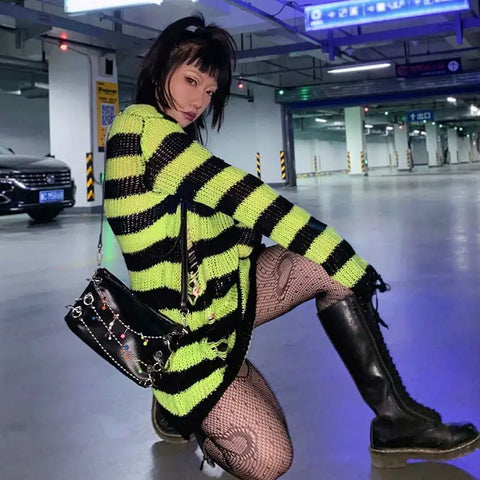 Goth Distressed Rainbow Stripe Oversized Sweater