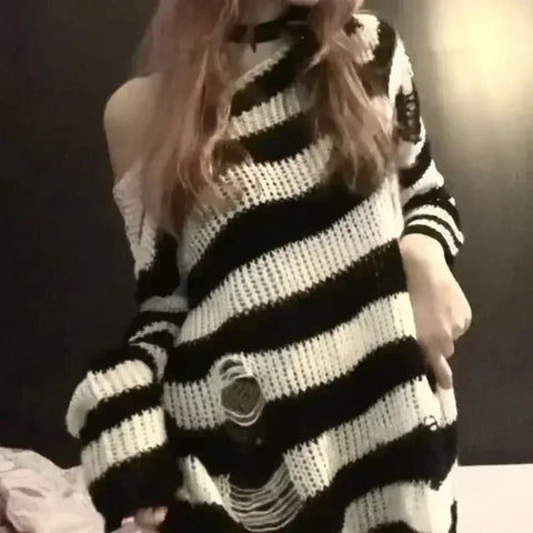 Goth Bloodline Stripe Hollow Knit Sweater