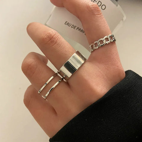 Goth Silver Chain Hand Harness Ring Set