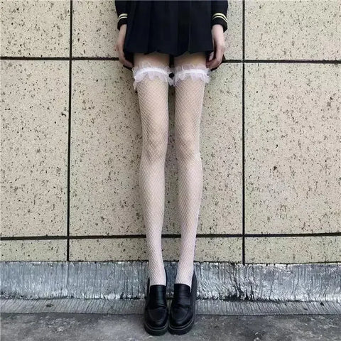Goth Thigh-High Sheer Sock — Lace, Velvet Band & Crimson Edge