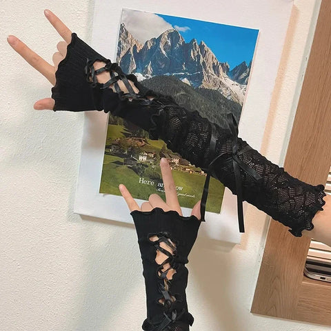 Goth Ribbon Lace-Up Mesh Fingerless Arm Gloves