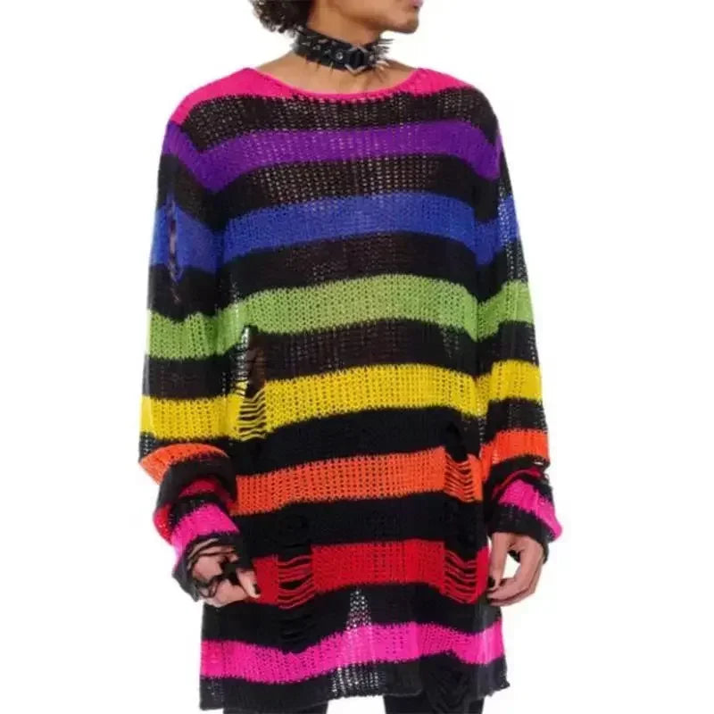 Goth Distressed Rainbow Stripe Oversized Sweater