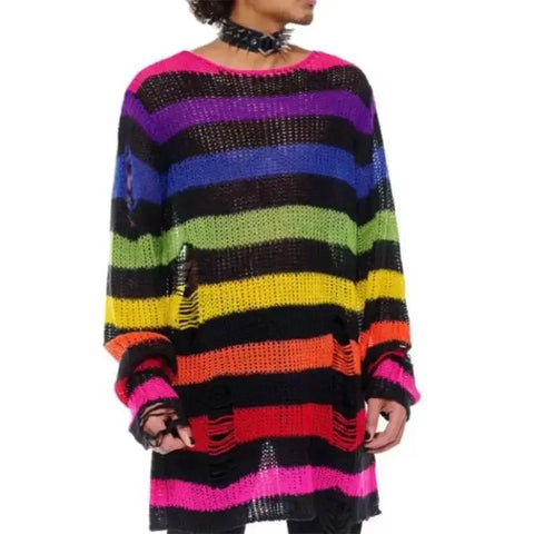 Goth Distressed Rainbow Stripe Oversized Sweater