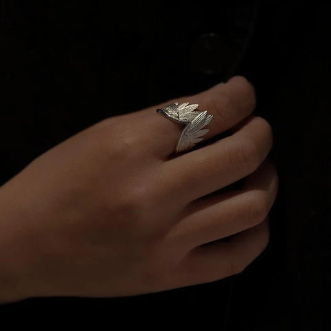 Goth Folded Angel Wings Silver Open Ring