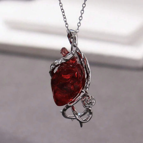 Goth Thorn-Wrapped Anatomical Heart Necklace