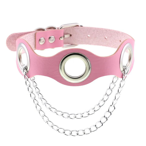 Pastel Goth Pink Leather O-Ring Choker Necklace Collection