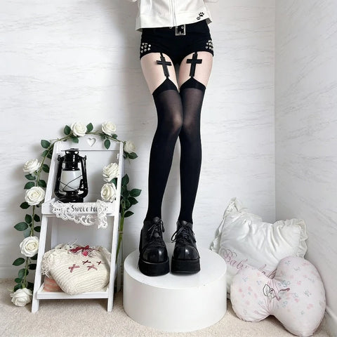 Nu Goth Cross Garter Mesh Overlay Outfit