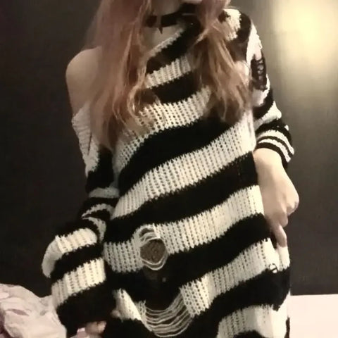 Goth Distressed Stripe Knit Sweater