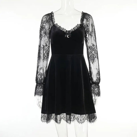 Goth Cobweb Lace & Velvet Mini Dress