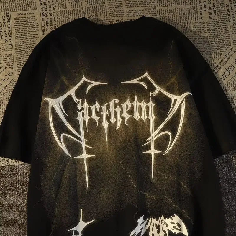 Goth Cursed Script Winged Oversized T-Shirt