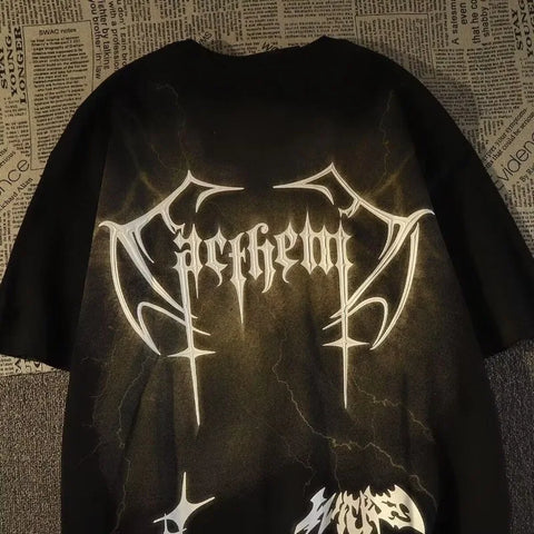 Goth Cursed Script Winged Oversized T-Shirt