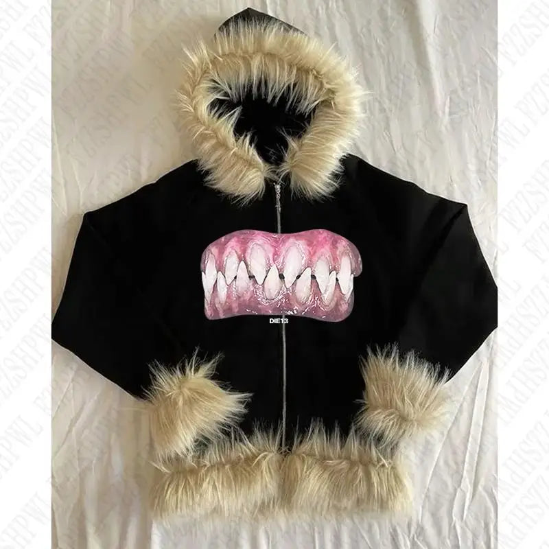 Goth DIE13 Bare Teeth Graphic Hoodie Tshirt