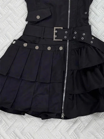 Goth Zipper Tiered Mini Dress in Midnight Black