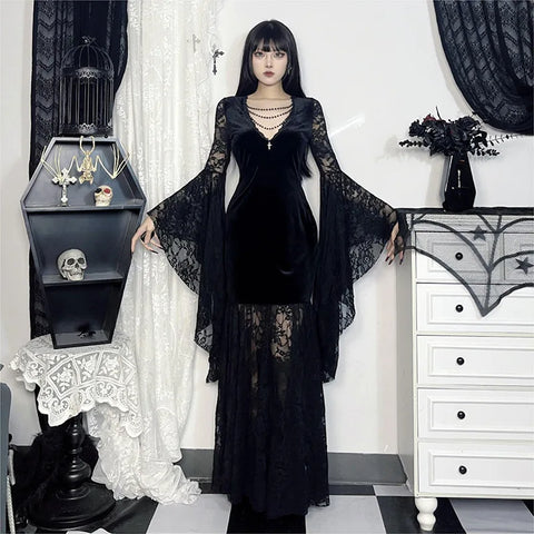 Victorian Goth Requiem Lace Sleeve Maxi Dress
