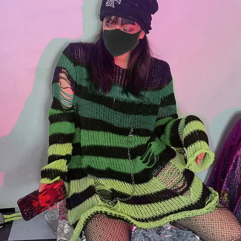 Goth Blue & Black Striped Hollow-Knit Top