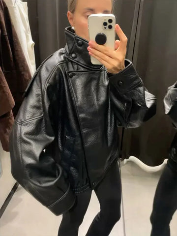 Nu Goth Oversized Moto Coat in Structured Faux Leather