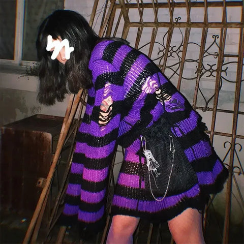 Goth Blue & Black Striped Hollow-Knit Top