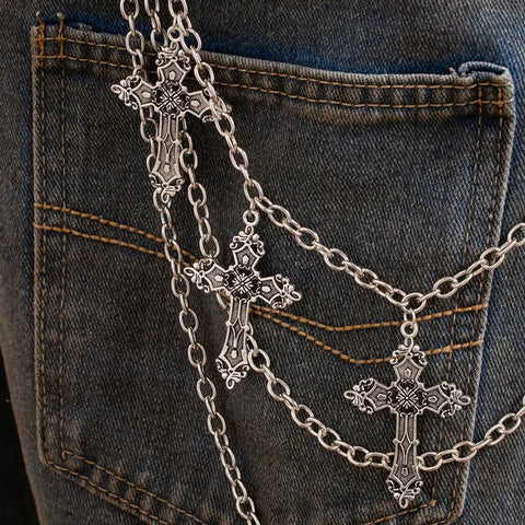 Goth Triple Layer Cross Pants Chain in Antique Silver